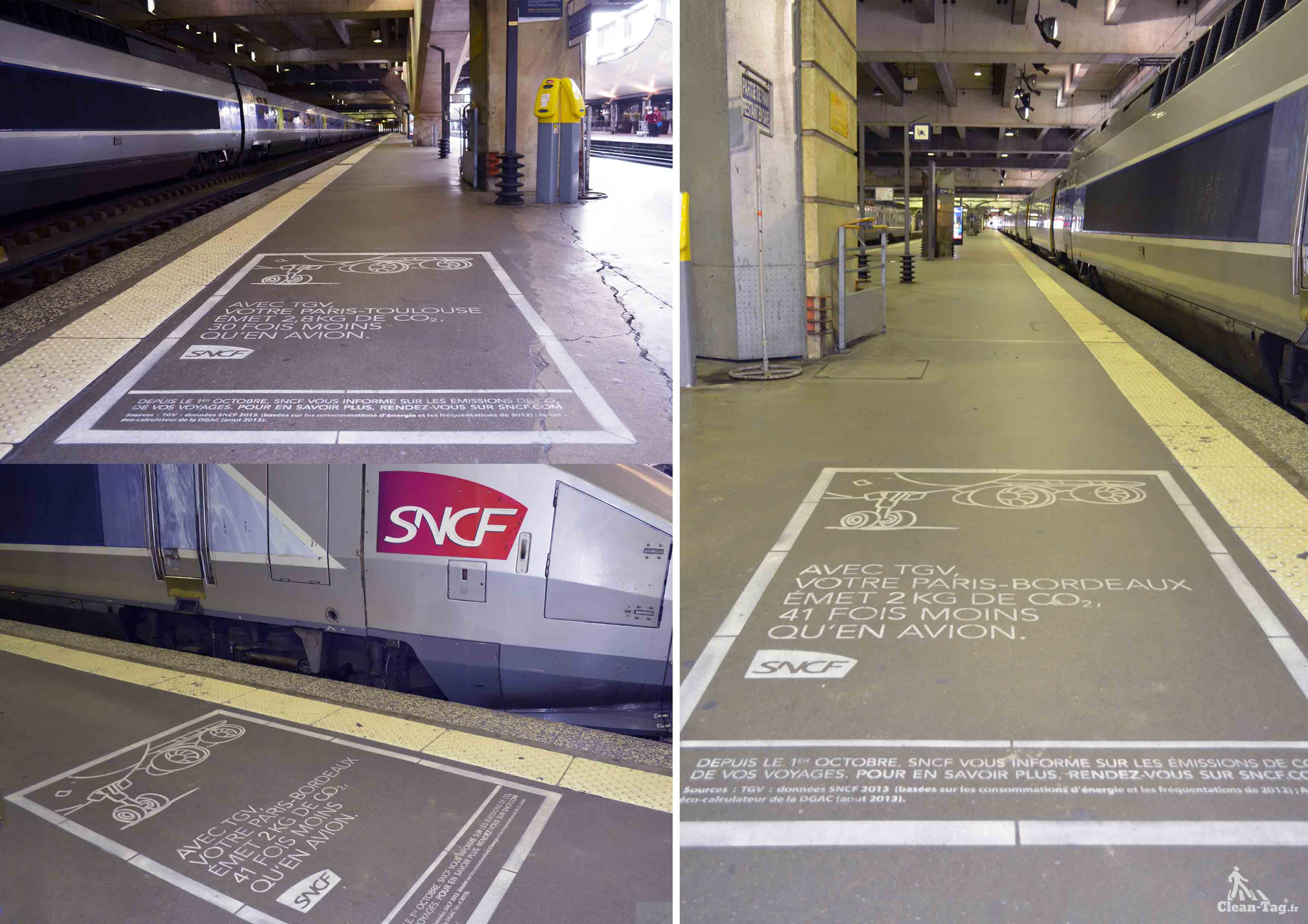 Marquage au sol temporaire avec peinture à la craie sur un quai de gare pour SNCF