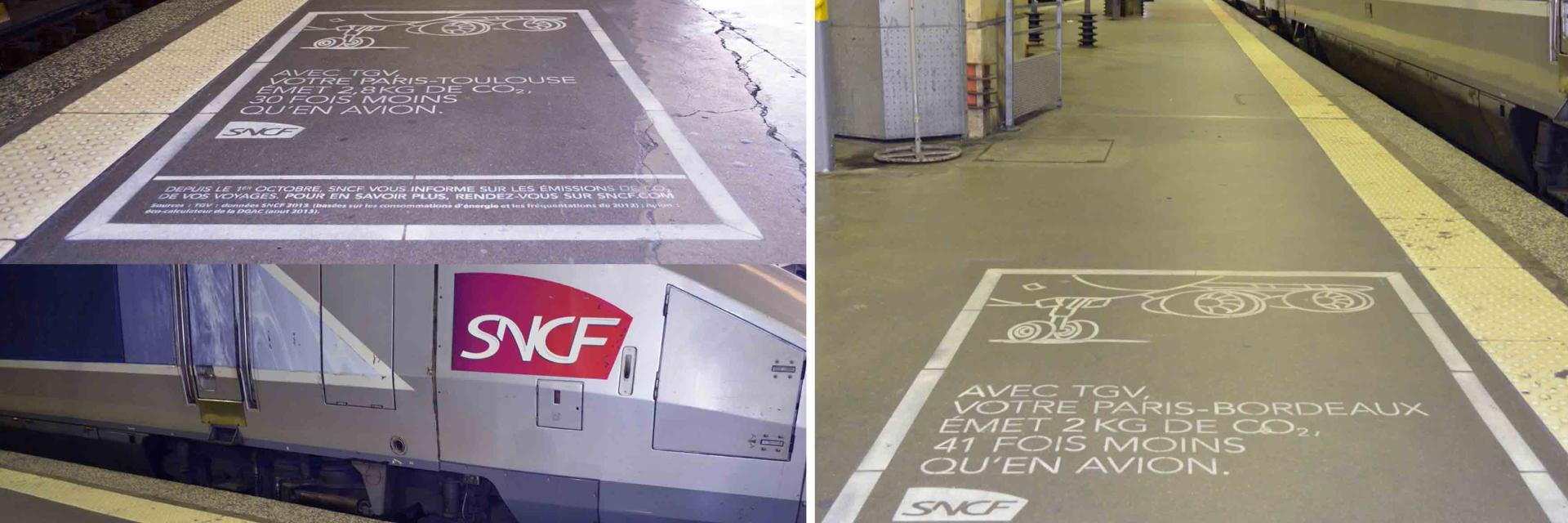 Marquage au sol temporaire avec peinture à la craie sur un quai de gare pour SNCF